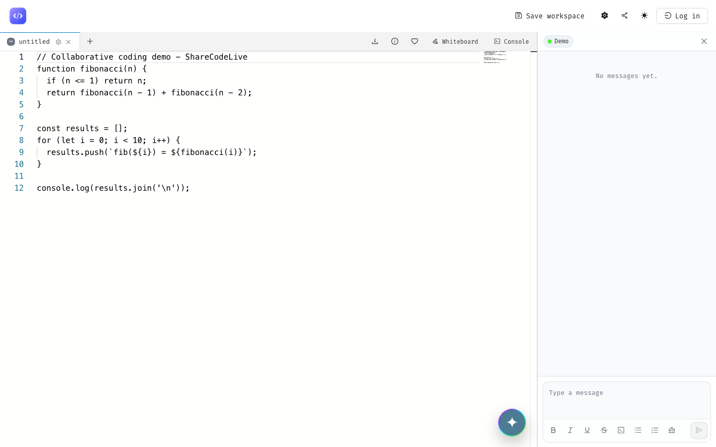 The ShareCodeLive editor workspace with code panel, console, and chat