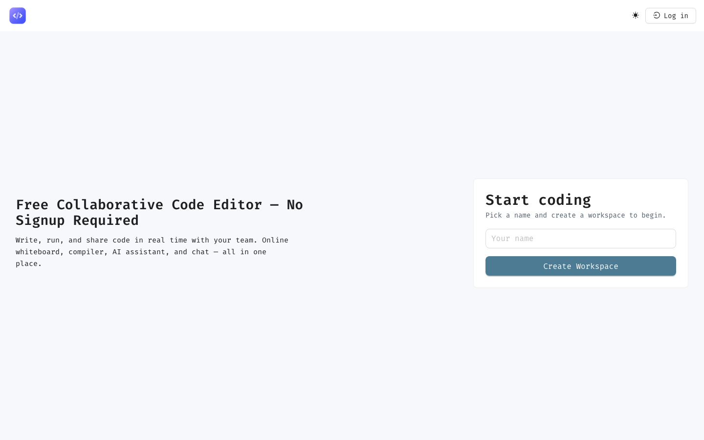 The workspace entry screen where you type your name