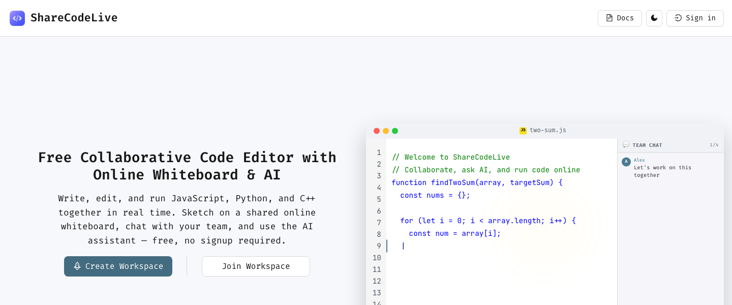 The ShareCodeLive homepage with the hero section and call to action