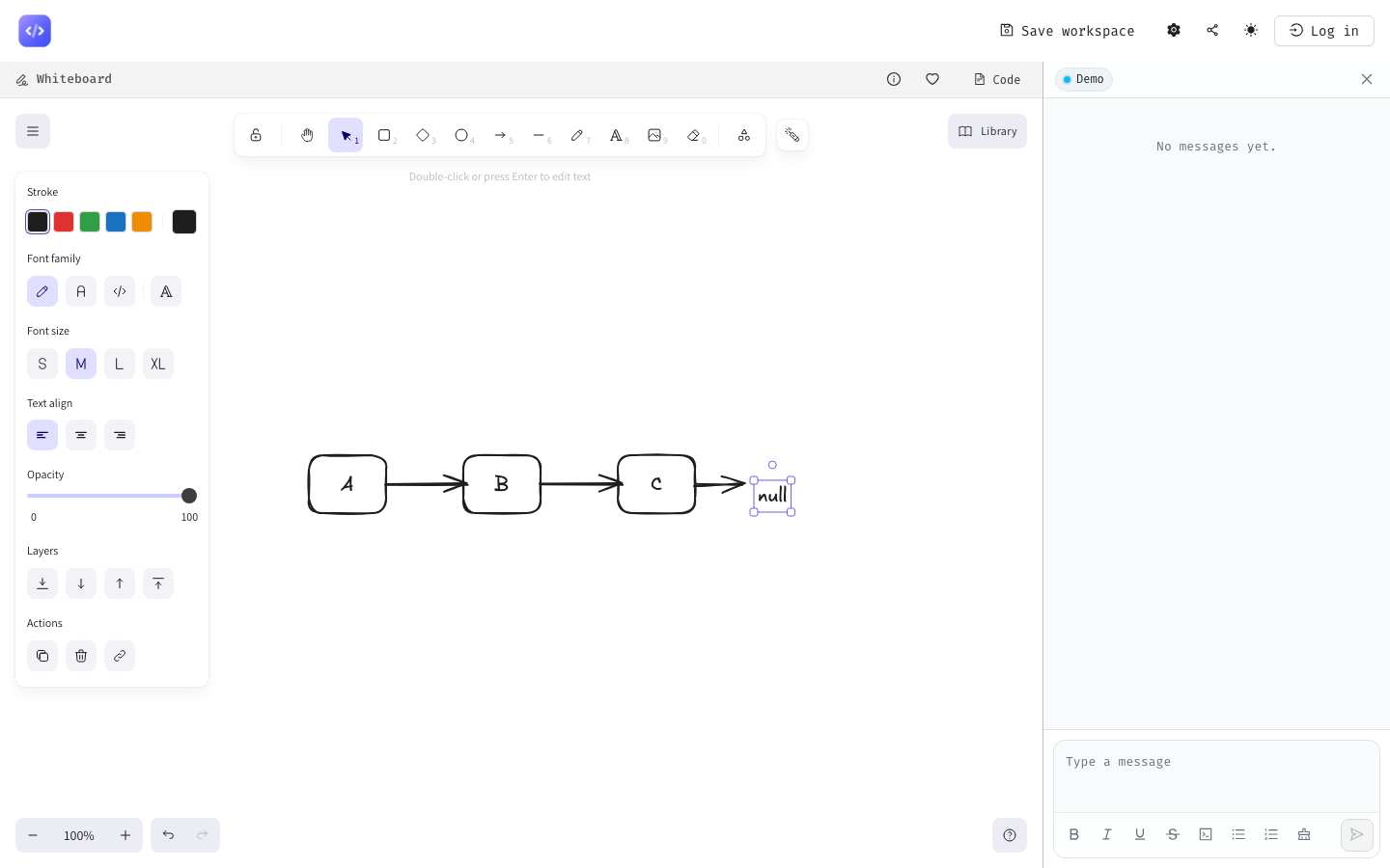 A linked list diagram drawn on the ShareCodeLive whiteboard with three nodes labeled A, B, C connected by arrows with a final arrow pointing to null